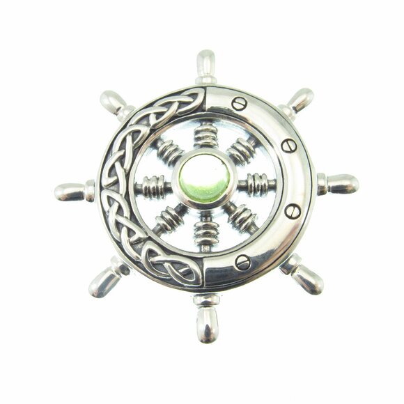 Solid 925 Sterling Silver Celtic Ship Wheel Helm Nautical Pendant w/ Gemstone - Picture 8 of 13